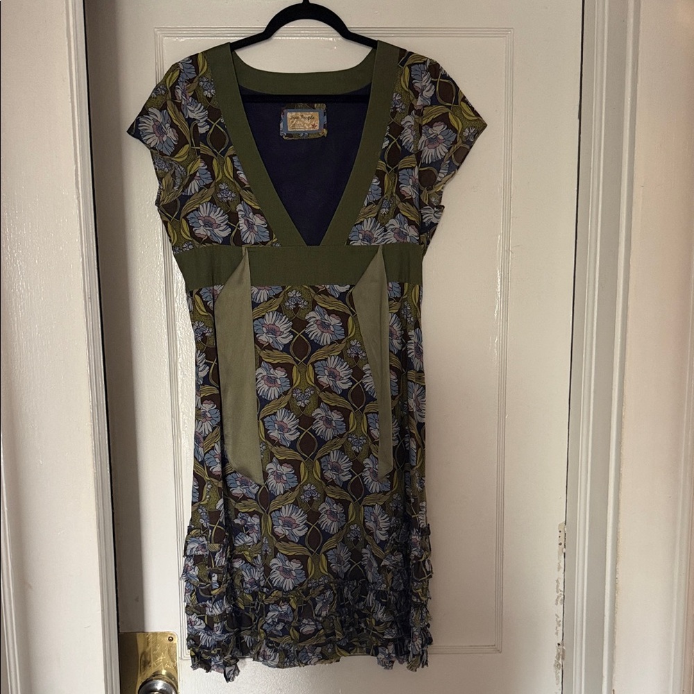 Free People Olive and Blue Floral V-Neck Mini Dress